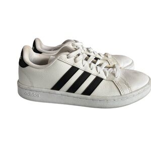 Adidas Grand Court Base Cloudfoam Sneakers White Black Stripes Sz 6 Retro Sporty
